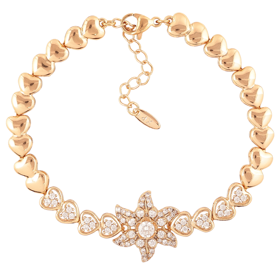 Браслет Xuping Позолота 18K Цветок и сердечки с цирконием размер с доп.цепочкой 17.5-20.5см х 6мм фото №1 Браслет Xuping Позолота 18K Цветок и сердечки с цирконием размер с доп.цепочкой 17.5-20.5см х 6мм фото №1