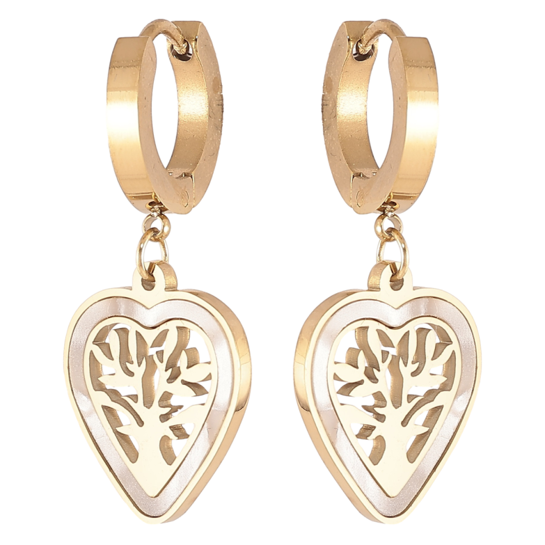 Сережки Xuping TTM Stainless Steel колір 14К підвіски на колечках «Сердечка з деревами та перламутровими вставками» фото №1