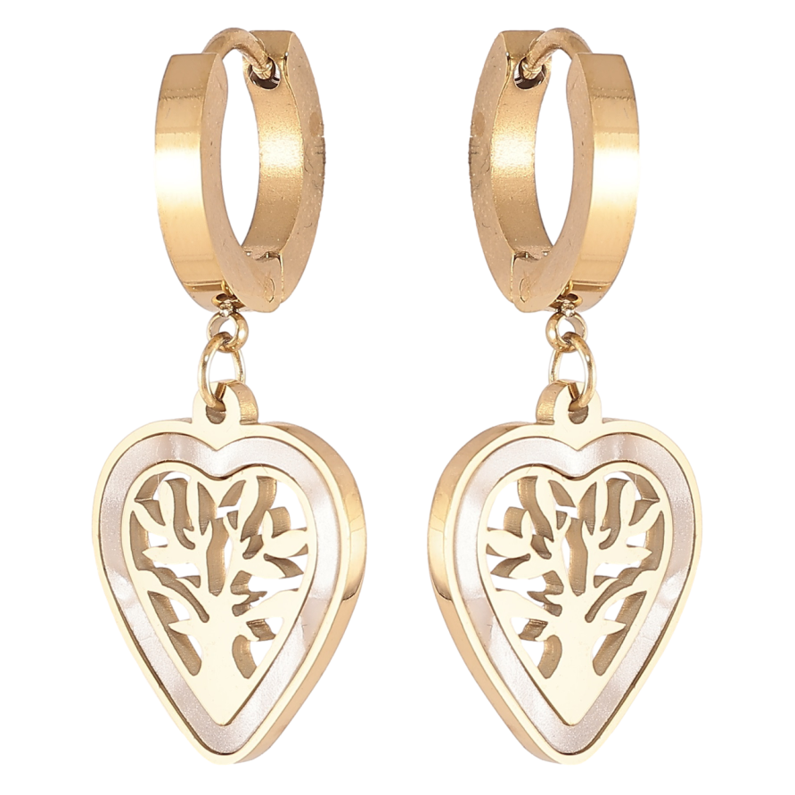 Сережки Xuping TTM Stainless Steel колір 14К підвіски на колечках «Сердечка з деревами та перламутровими вставками» фото №1