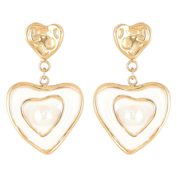 Серьги Xuping TTM Stainless Steel цвет 14К пусеты Сердечки с белой эмалью и жемчужинами фото №9