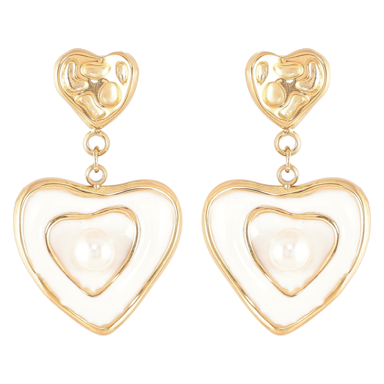 Сережки Xuping TTM Stainless Steel колір 14К пусети «Сердечка з білою емаллю та перлинами» фото №1