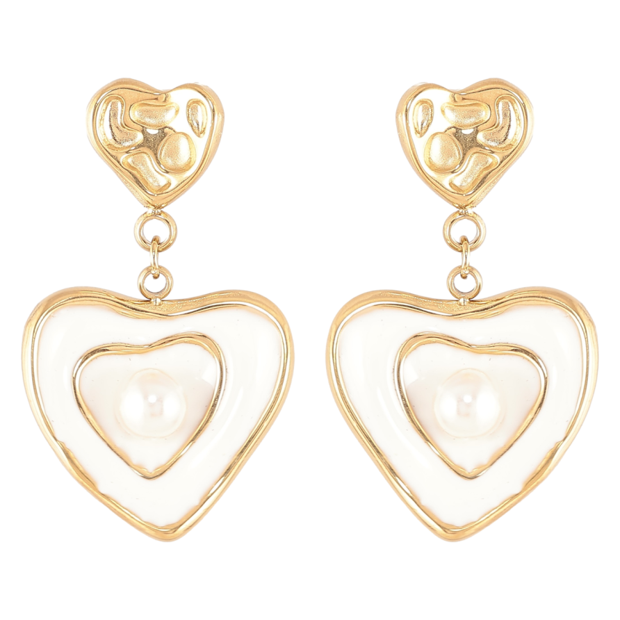 Сережки Xuping TTM Stainless Steel колір 14К пусети «Сердечка з білою емаллю та перлинами» фото №1