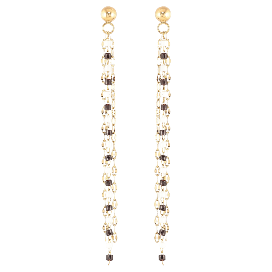 Сережки Xuping TTM Stainless Steel колір 14К пусети «Підвіски ланцюжки з чорно-білим бісером» фото №1