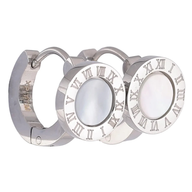 Серьги Xuping TTM Stainless Steel цвет Родий колечки Циферблат с перламутровыми вставками фото №24