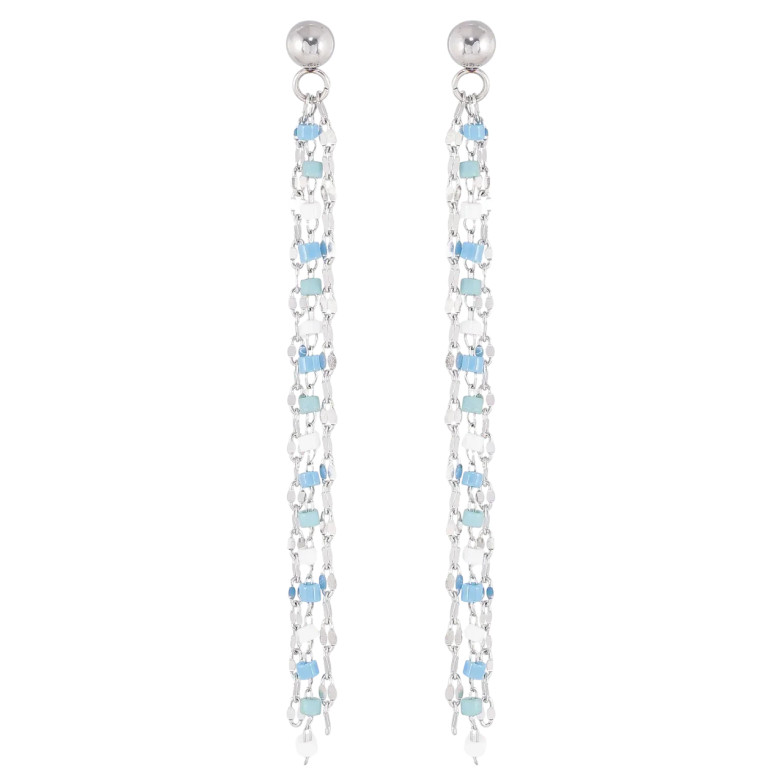 Сережки Xuping TTM Stainless Steel колір Родій пусети «Підвіски з ланцюжків з біло-блакитним бісером» фото №1