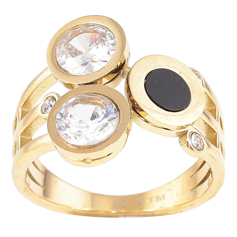 Каблучка Xuping TTM Stainless Steel Колір 14К «Візерунок з вставками цирконію і чорної кераміки» фото №1