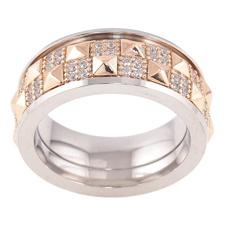 Каблучка Xuping TTM Stainless Steel Колір 18К+ Родій «Візерунок з цирконієм, серединка крутиться, шир. 8.5мм» фото №1