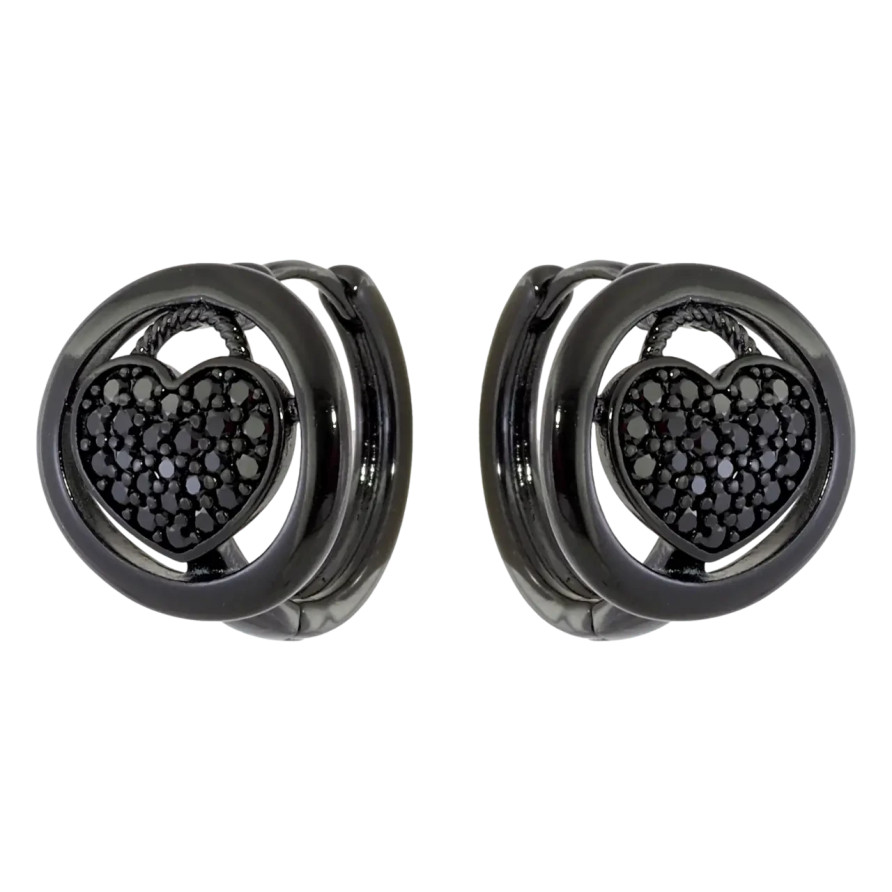 Сережки Xuping Позолота Black (чорне золото) колечка «Сердечка в колечках з чорним цирконієм» фото №1 Сережки Xuping Позолота Black (чорне золото) колечка «Сердечка в колечках з чорним цирконієм» фото №1