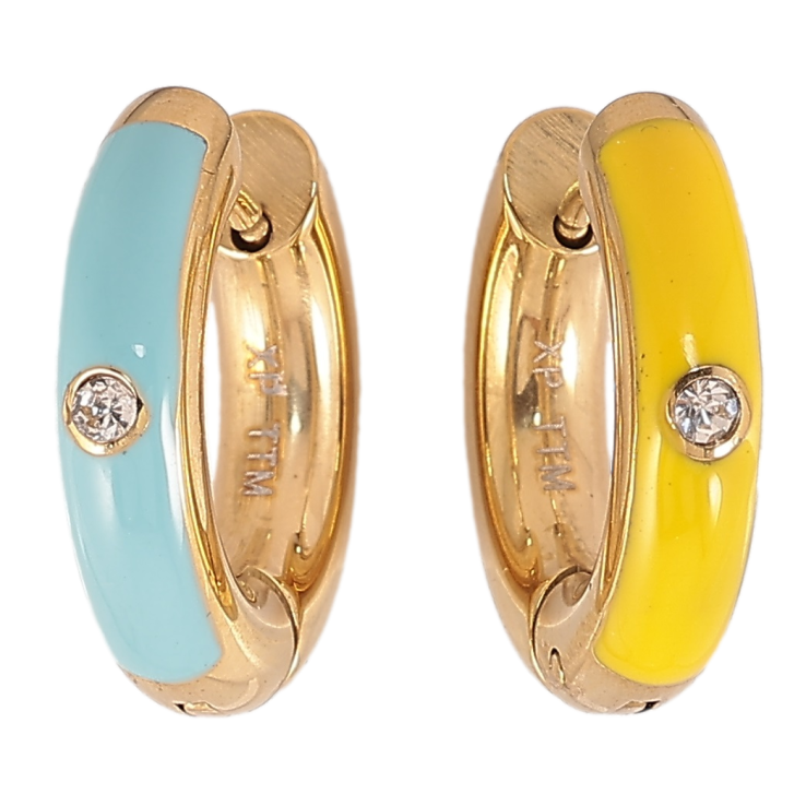 Сережки Xuping TTM Stainless Steel колір 14К колечка «Пофарбовані жовто-блакитною емаллю зі вставками кристалов» фото №4