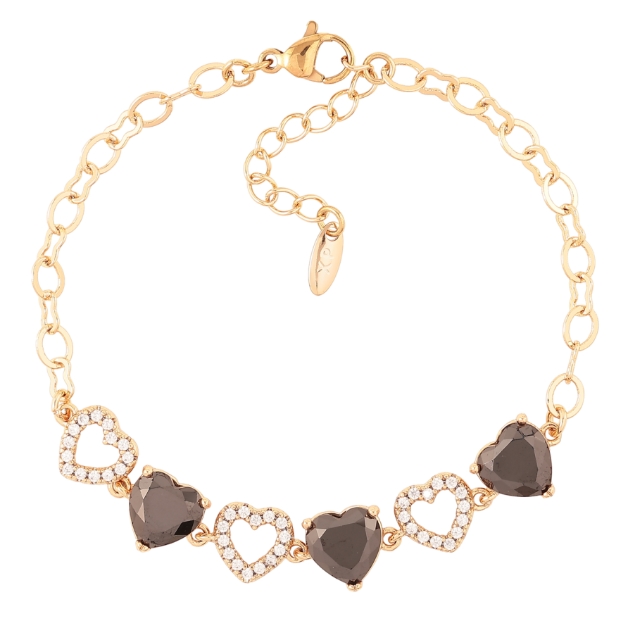 Браслет Xuping Позолота 18K Сердечки с цирконием и черными фианитами размер с доп. цепочкой 17.5-20.см х 4мм фото №1 Браслет Xuping Позолота 18K Сердечки с цирконием и черными фианитами размер с доп. цепочкой 17.5-20.см х 4мм фото №1