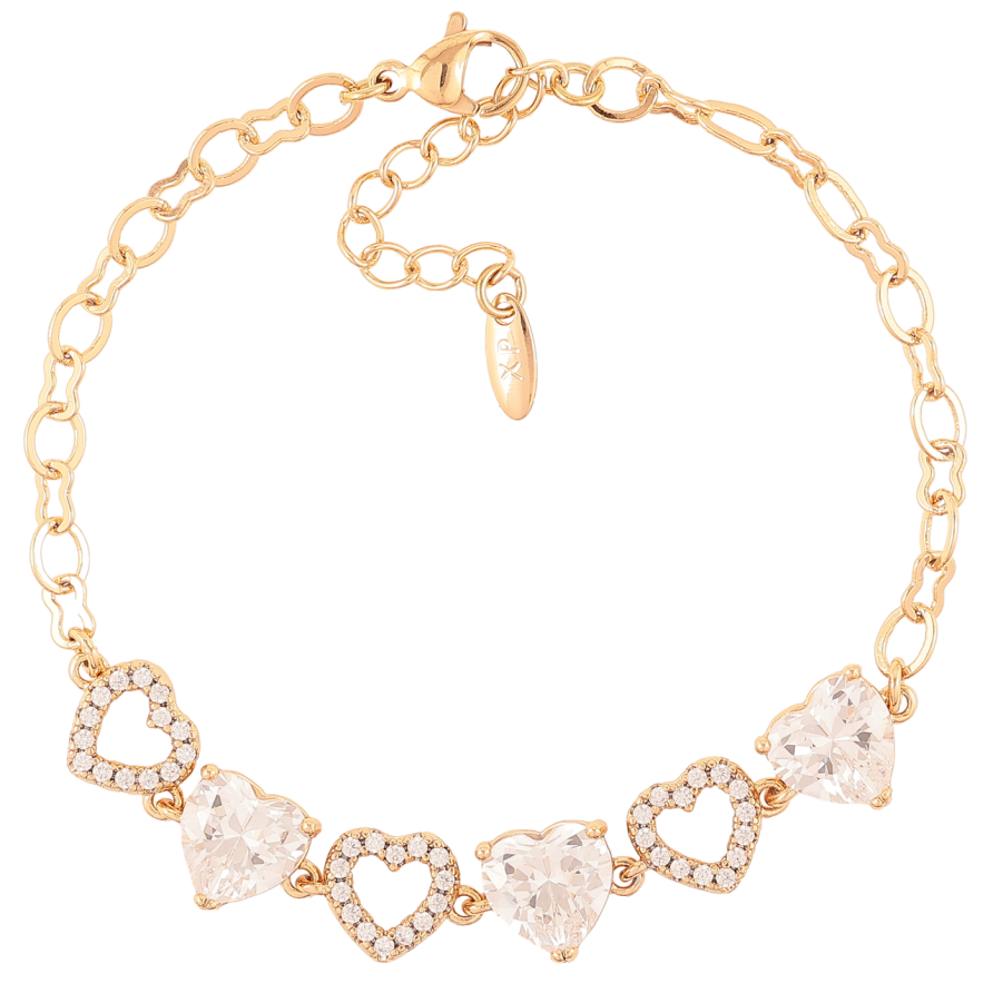 Браслет Xuping Позолота 18K Сердечки с цирконием и фианитами размер с доп. цепочкой 17.5-20.см х 4мм фото №1 Браслет Xuping Позолота 18K Сердечки с цирконием и фианитами размер с доп. цепочкой 17.5-20.см х 4мм фото №1