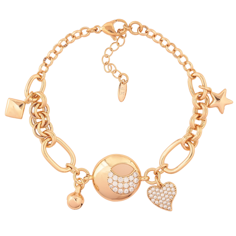 Браслет Xuping Позолота 18K Комбинированное плетение с подвесками размер с доп. цепочкой 17.5-20.5см х 4-9мм фото №1 Браслет Xuping Позолота 18K Комбинированное плетение с подвесками размер с доп. цепочкой 17.5-20.5см х 4-9мм фото №1