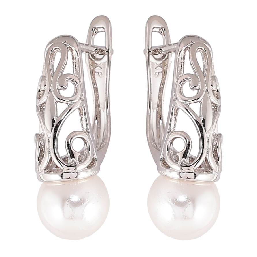 Серьги Xuping Родий английский замок Вензельный узор с жемчужинами фото №1
