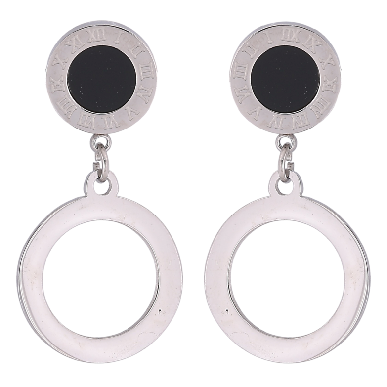 Серьги Xuping TTM Stainless Steel цвет Родий пусеты Круглые подвески с циферблатом и черными вставками фото №1