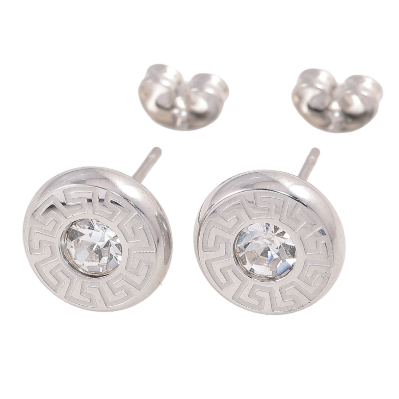 Сережки Xuping TTM Stainless Steel колір Родій пусети «Кола з грецьким візерунком і кристалами» ø 10мм фото №3