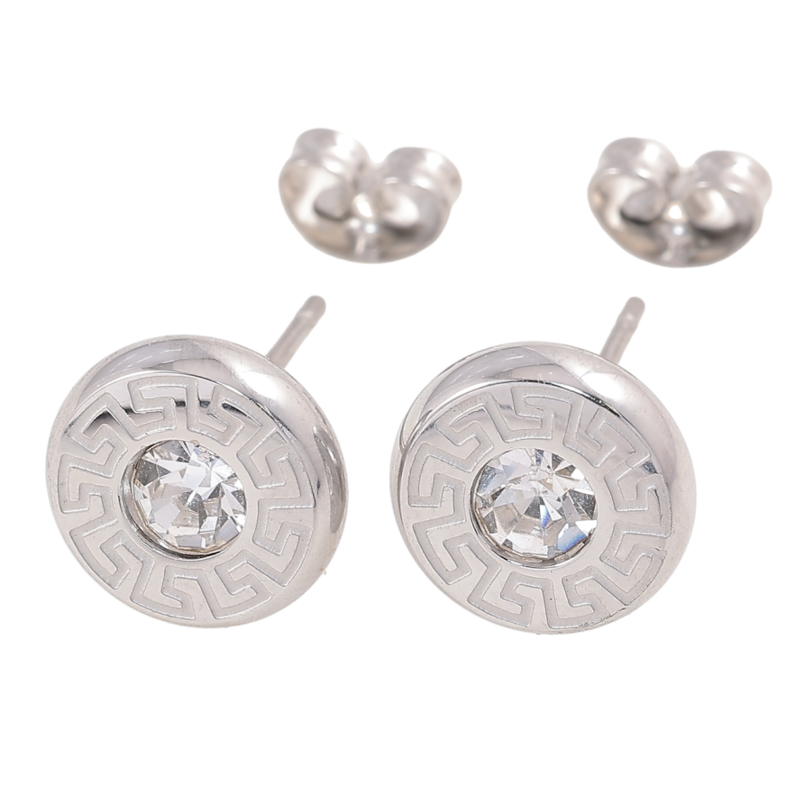 Сережки Xuping TTM Stainless Steel колір Родій пусети «Кола з грецьким візерунком і кристалами» ø 10мм фото №1