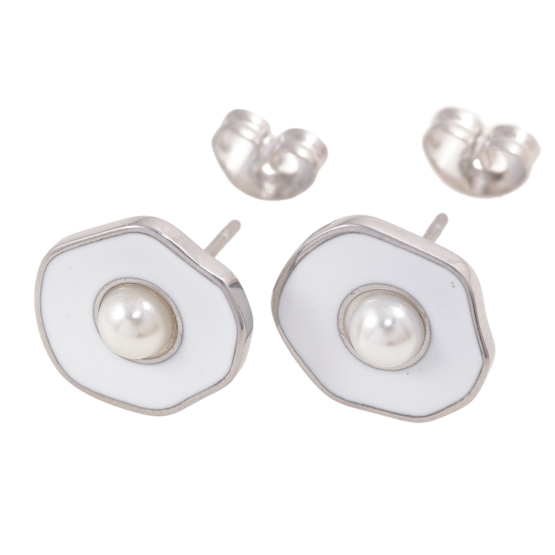 Сережки Xuping TTM Stainless Steel колір Родій пусети «Фігурні з перлинами та білою емаллю» фото №1