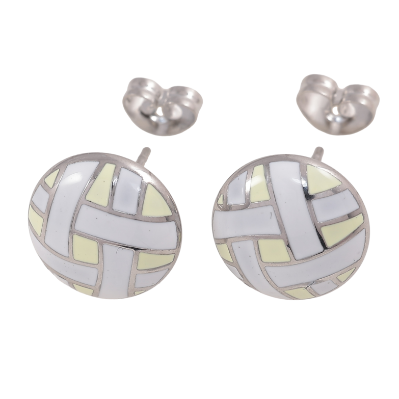 Сережки Xuping TTM Stainless Steel колір Родій пусети «Візерунок біло-жовтою емаллю» ø 12мм фото №1