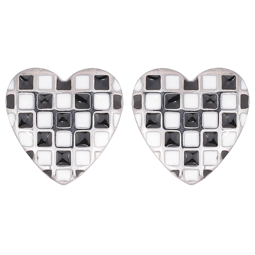 Серьги Xuping TTM Stainless Steel цвет Родий пусеты Сердечки с шахматным узором эмалью фото №1 Серьги Xuping TTM Stainless Steel цвет Родий пусеты Сердечки с шахматным узором эмалью фото №1