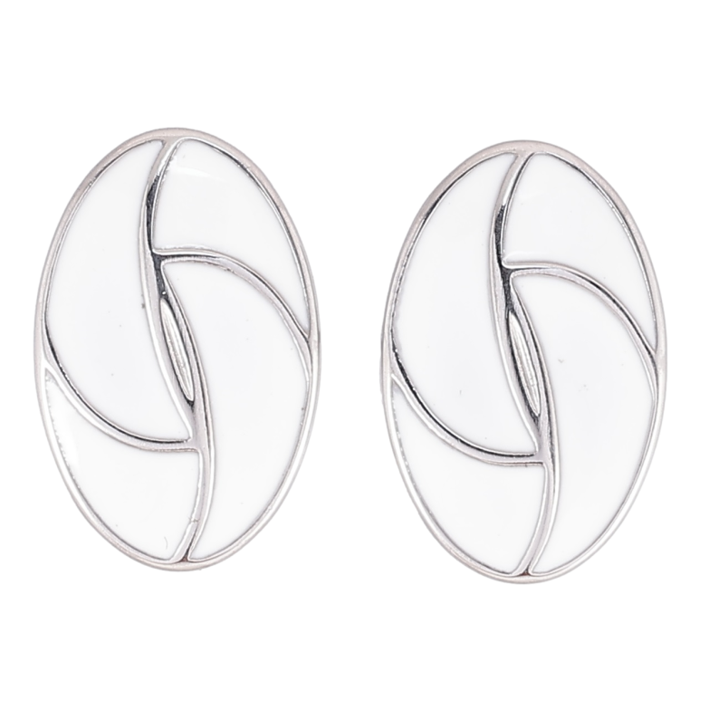 Сережки Xuping TTM Stainless Steel колір Родій пусети «Овали з візерунком білою емаллю» фото №1