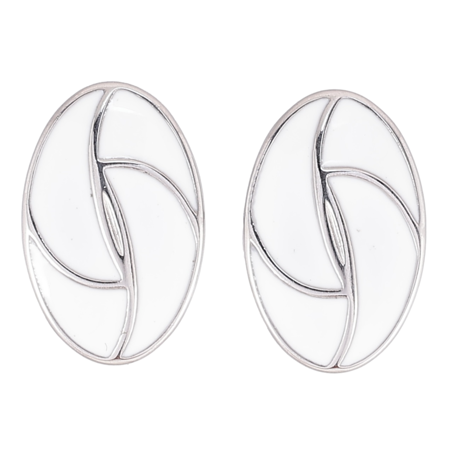 Сережки Xuping TTM Stainless Steel колір Родій пусети «Овали з візерунком білою емаллю» фото №1