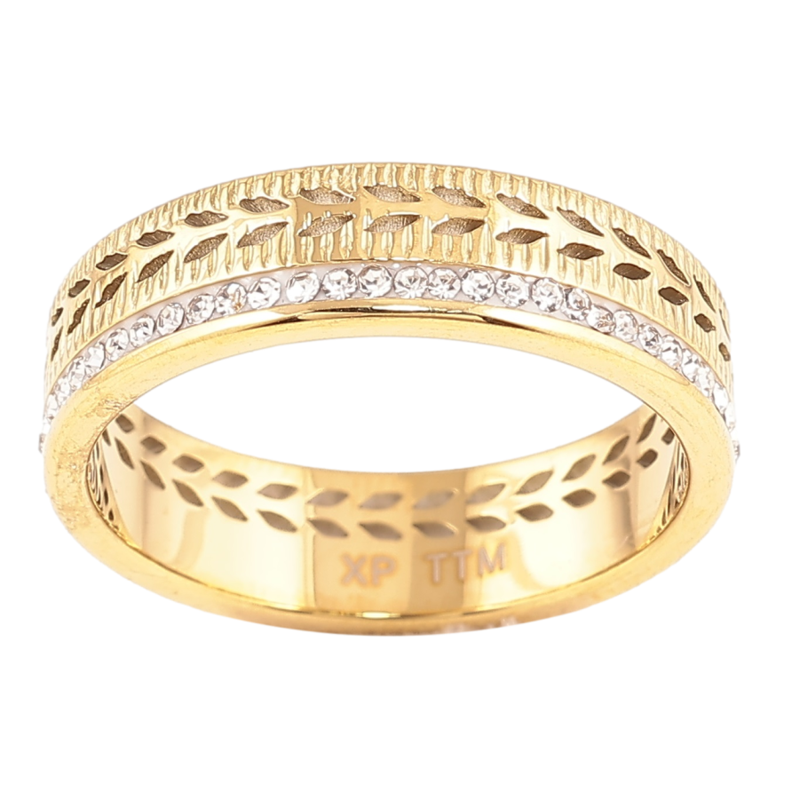 Каблучка Xuping TTM Stainless Steel Колір 14К «Різьблений візерунок з доріжкою цирконію, шир. 5мм» фото №1