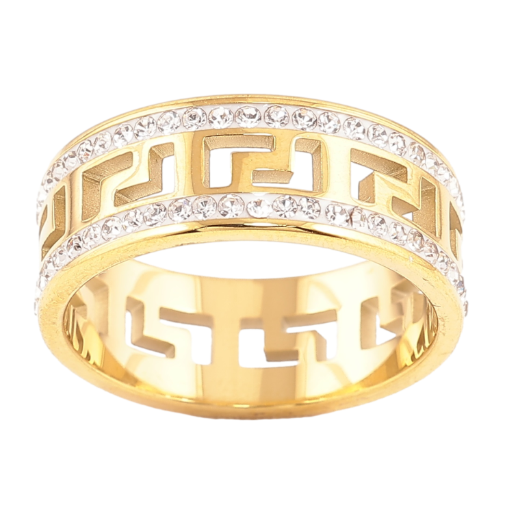 Кольцо Xuping TTM Stainless Steel Цвет 14К Греческий узор с дорожками циркония,шир. 7мм фото №22