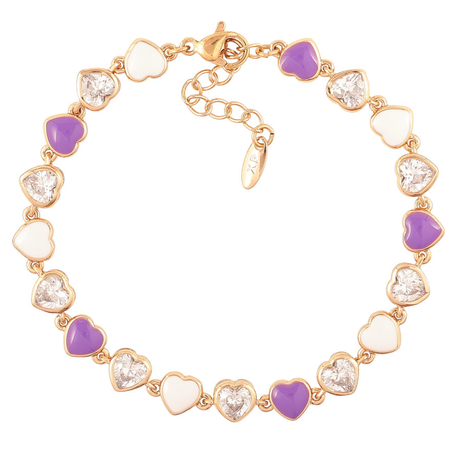 Браслет Xuping Позолота 18K Сердечки с цирконием и бело-сиреневой эмалью размер с доп.цеп.17-20см х 6мм фото №1 Браслет Xuping Позолота 18K Сердечки с цирконием и бело-сиреневой эмалью размер с доп.цеп.17-20см х 6мм фото №1