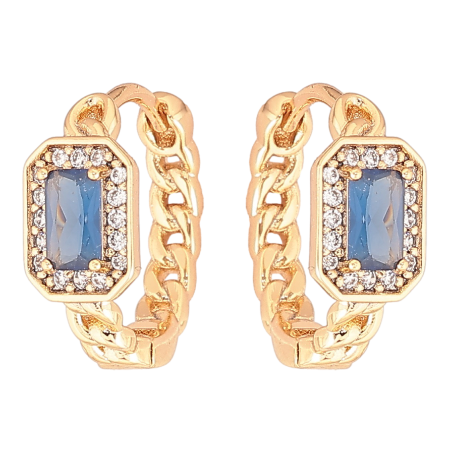 Серьги Xuping Позолота 18K колечки Узор цепочка с синими фианитами в обрамлении циркония фото №1 Серьги Xuping Позолота 18K колечки Узор цепочка с синими фианитами в обрамлении циркония фото №1