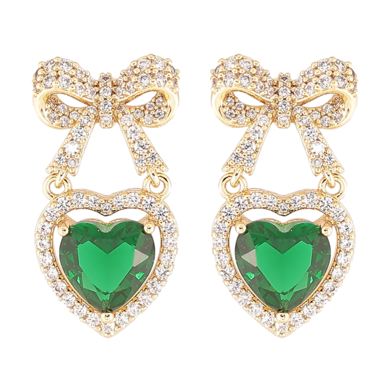Сережки Xuping Позолота 14K пусети «Банти з сердечками, інкрустація цирконієм із зеленими фіанітами» фото №1 Сережки Xuping Позолота 14K пусети «Банти з сердечками, інкрустація цирконієм із зеленими фіанітами» фото №1