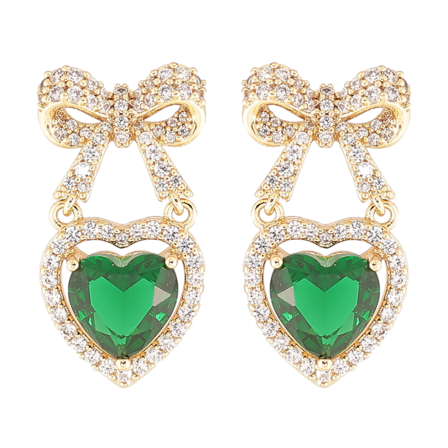 Сережки Xuping Позолота 14K пусети «Банти з сердечками, інкрустація цирконієм із зеленими фіанітами» фото №1 Сережки Xuping Позолота 14K пусети «Банти з сердечками, інкрустація цирконієм із зеленими фіанітами» фото №1