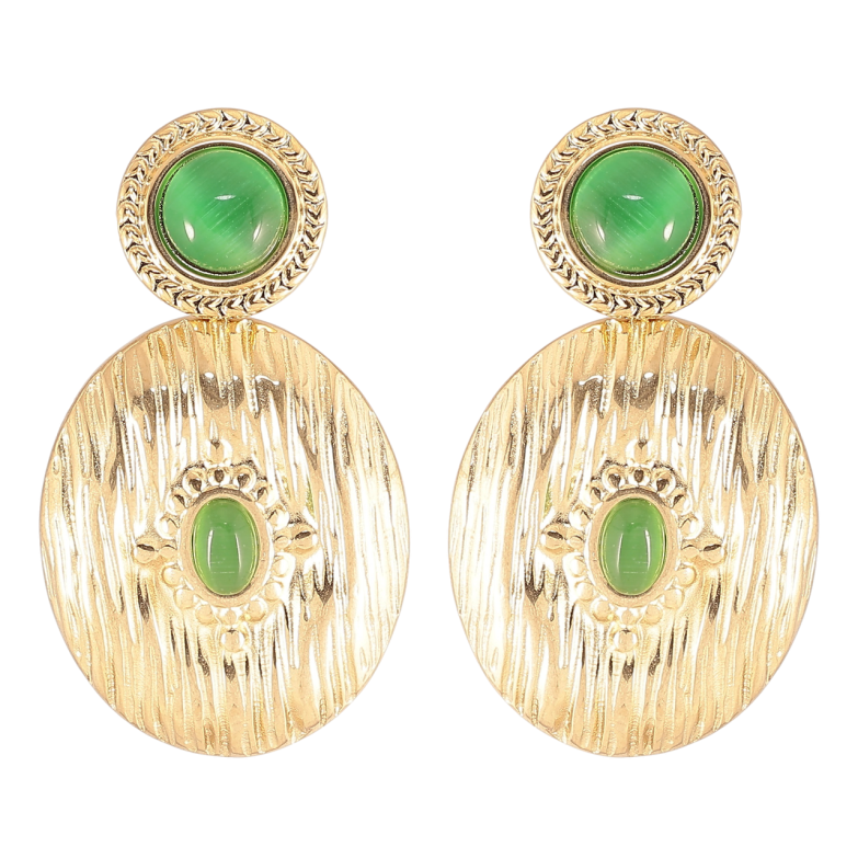 Сережки Xuping TTM Stainless Steel колір 14К пусети «Овальні підвіски з зеленими кристалами «Котяче око» фото №1