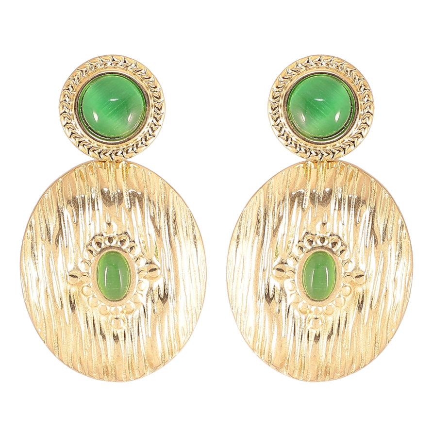 Сережки Xuping TTM Stainless Steel колір 14К пусети «Овальні підвіски з зеленими кристалами «Котяче око» фото №1