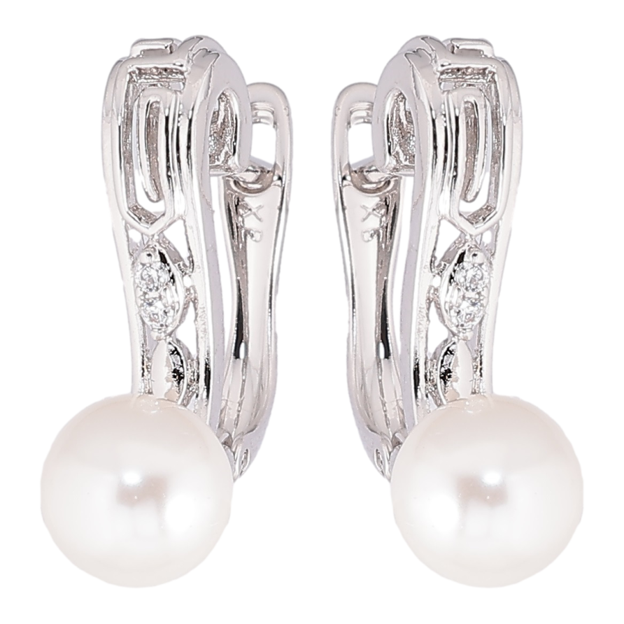 Сережки Xuping Родій англійський замок «Перлини на різьблених дужках з цирконієм» фото №1 Сережки Xuping Родій англійський замок «Перлини на різьблених дужках з цирконієм» фото №1