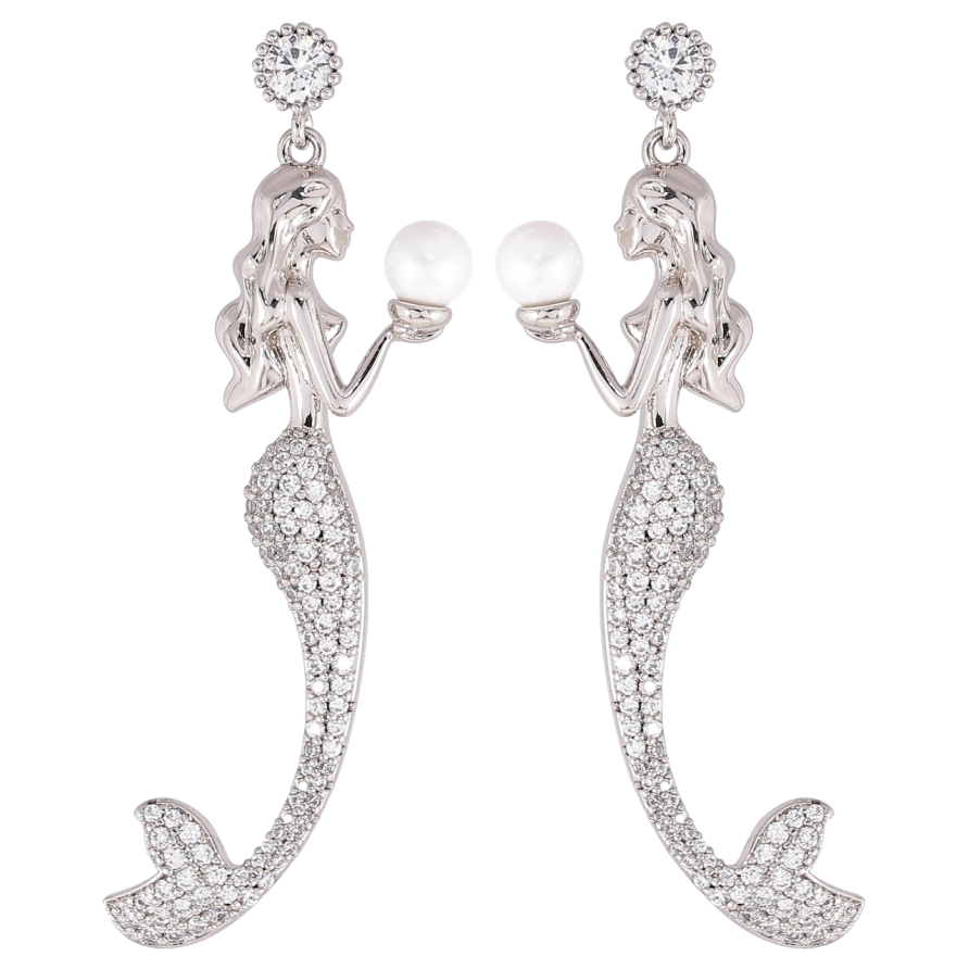 Серьги Xuping Родий пусеты Русалки с инкрустацией цирконием и жемчужинами фото №1