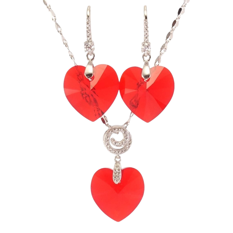 Набор Xuping цвет Родий с кр-ми Swarovski Серьги Кулон на цепочке Сердечки Light Siam длина 39-44см х 2мм фото №1