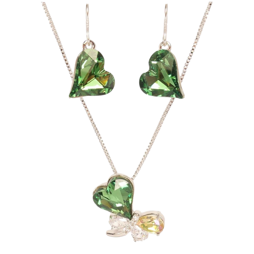 Набір Xuping колір Родій з кр-ми Swarovski Сережки Кулон на ланцюжку Зелене Серце і Бабка довжина 38-43см фото №1 Набір Xuping колір Родій з кр-ми Swarovski Сережки Кулон на ланцюжку Зелене Серце і Бабка довжина 38-43см фото №1