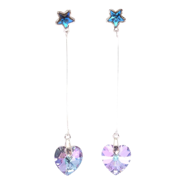 Серьги Xuping цвет Родий с кристаллами Swarovski пусеты Синие звездочки с подвесками сердечки Paradise Shine фото №3