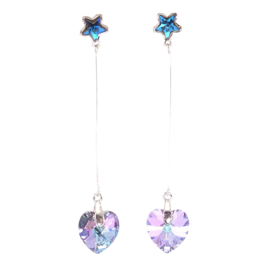 Серьги Xuping цвет Родий с кристаллами Swarovski пусеты Синие звездочки с подвесками сердечки Paradise Shine фото №1