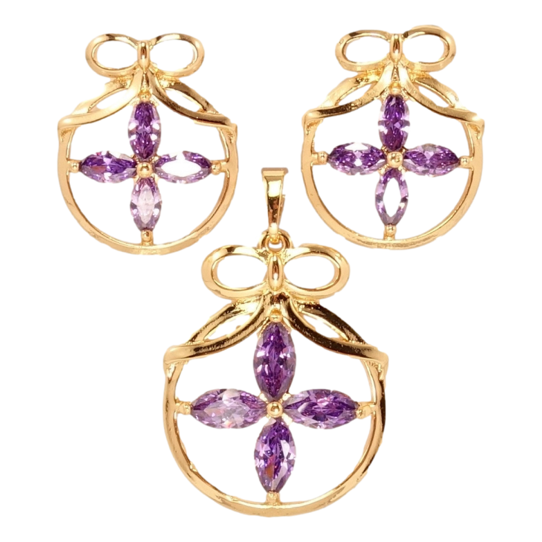 Набір Xuping Позолота 18K Сережки Кулон Фіолетова Кристальна Квітка в Круглий Рамці з Бантиком фото №1
