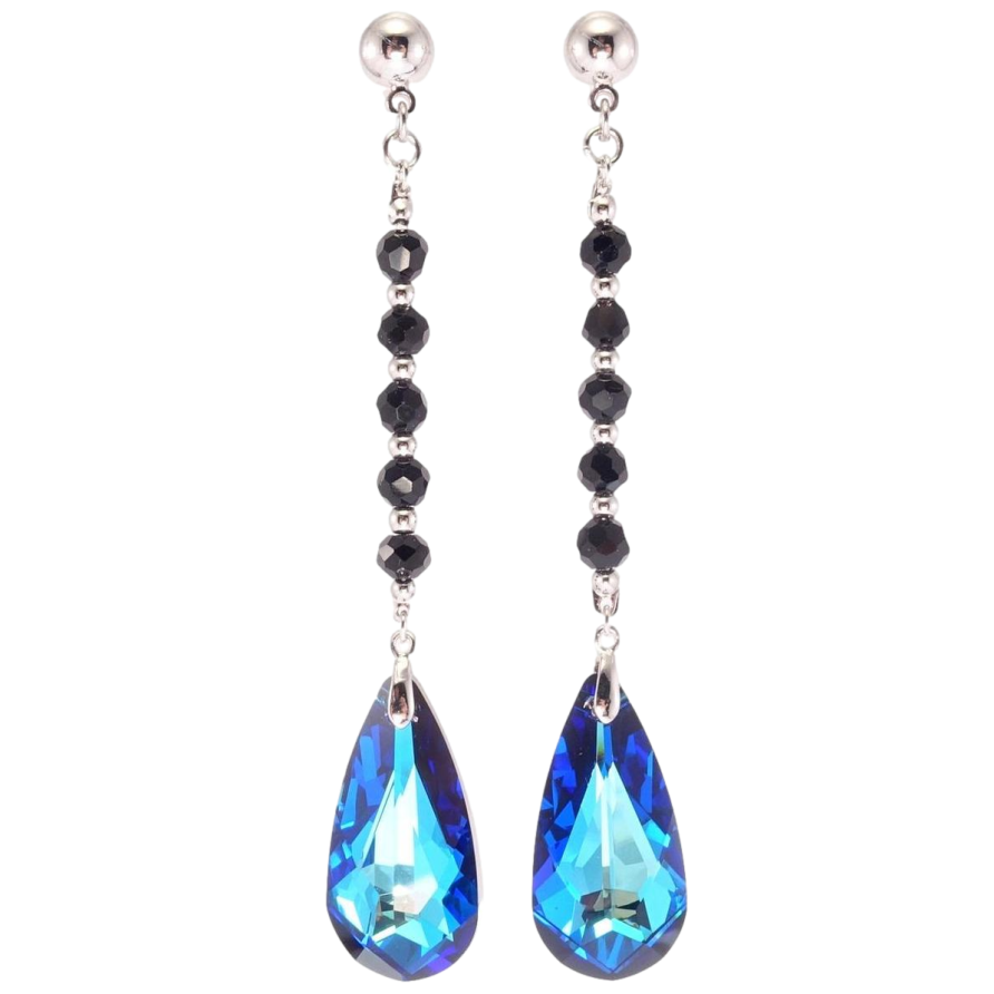 Серьги Xuping цвет Родий с кристаллами Swarovski пусеты Черные бусины с  кристаллами Bermuda Blue фото №1
