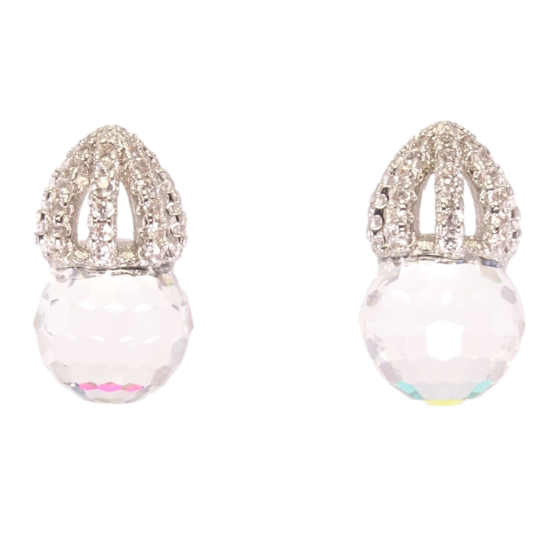 Серьги Xuping цвет Родий с кристаллами Swarovski пусеты Граненый шарик под куполом кристалл снизу радужный фото №1