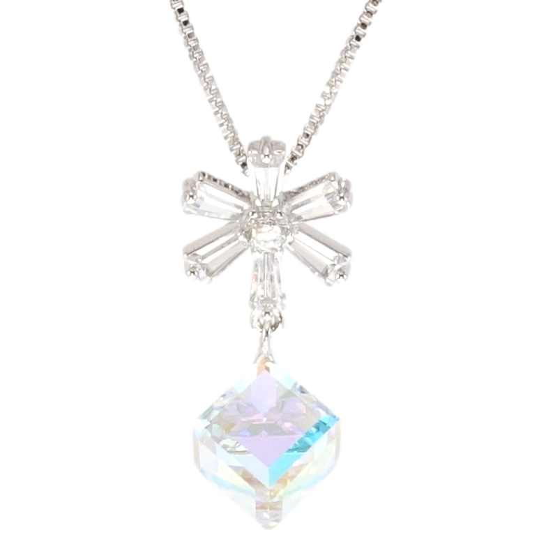 Кулон Xuping цвет Родий с кр-ми Swarovski на цепочке Снежинка с кристальным кубом Shimmer длина 39-44,5см фото №1