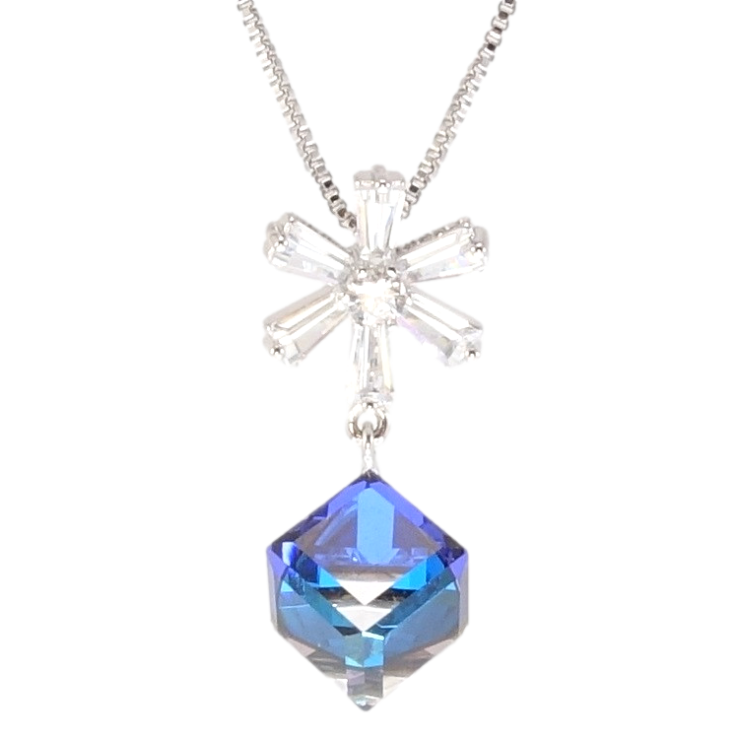 Кулон Xuping колір Родій із кр-ми Swarovski на ланцюжку Сніжинка з кристальним кубом Bermuda Blue довжина 39-44см фото №3