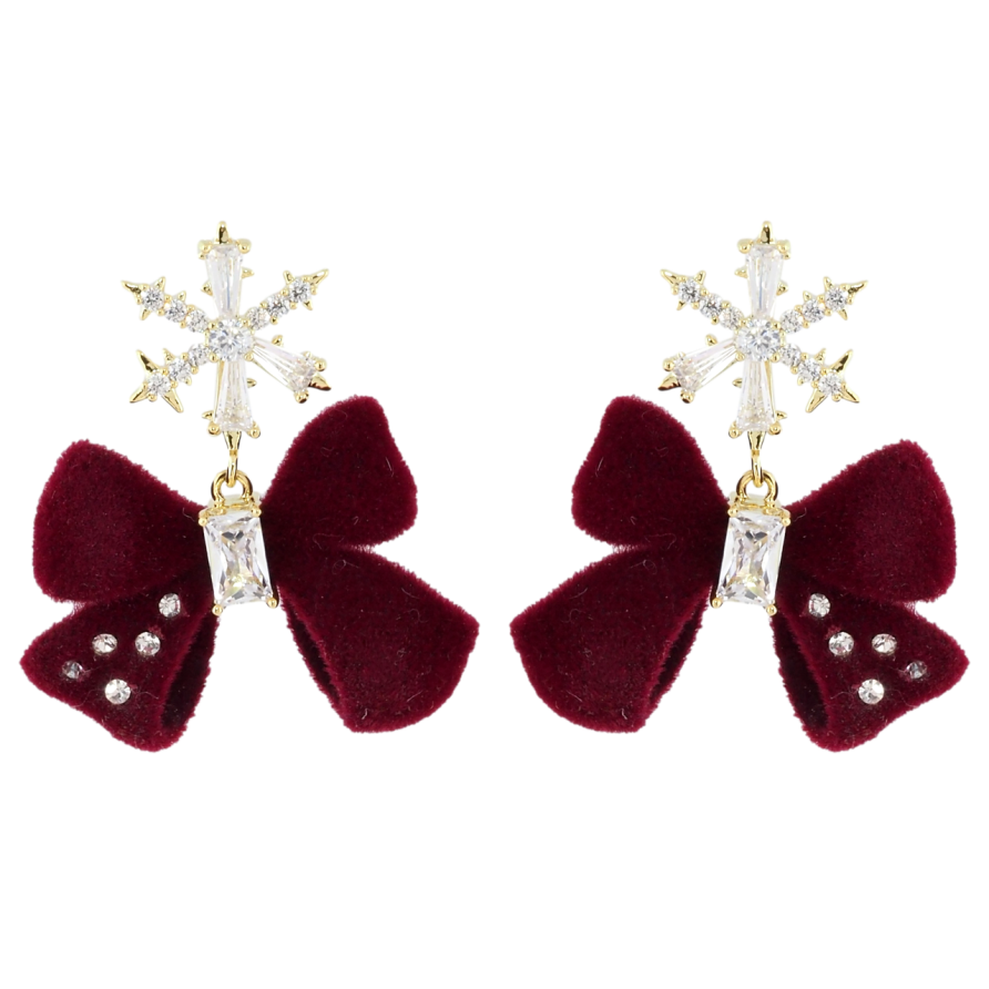 Сережки Xuping JEAN GOUJON Позолота 14K пусети «Кришталева сніжинка з оксамитовим бордовим бантом» фото №1 Сережки Xuping JEAN GOUJON Позолота 14K пусети «Кришталева сніжинка з оксамитовим бордовим бантом» фото №1