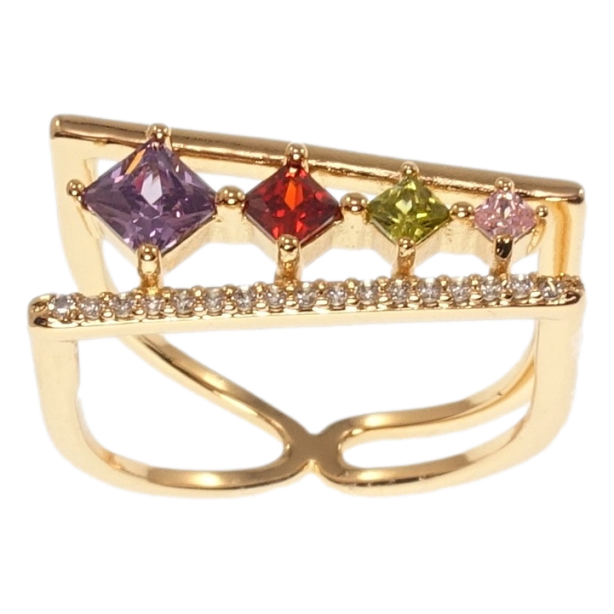 Каблучка Xuping Позолота 18K Модерн з різнокольоровими кристалами та доріжкою цирконію фото №1 Каблучка Xuping Позолота 18K Модерн з різнокольоровими кристалами та доріжкою цирконію фото №1