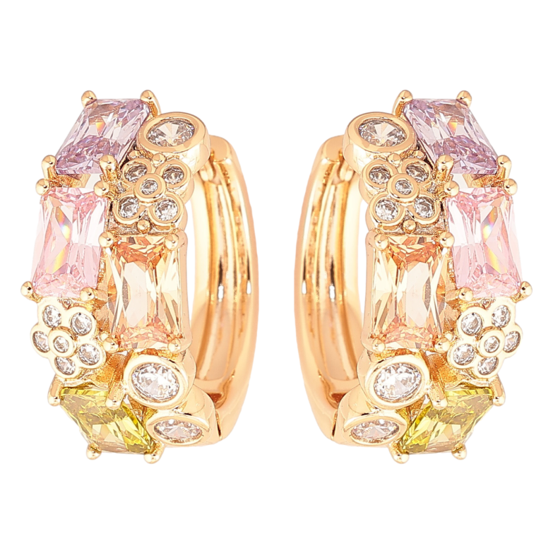 Сережки Xuping Позолота 18K колечка «Візерунок з кольоровими фіанітами та квіточками» фото №5