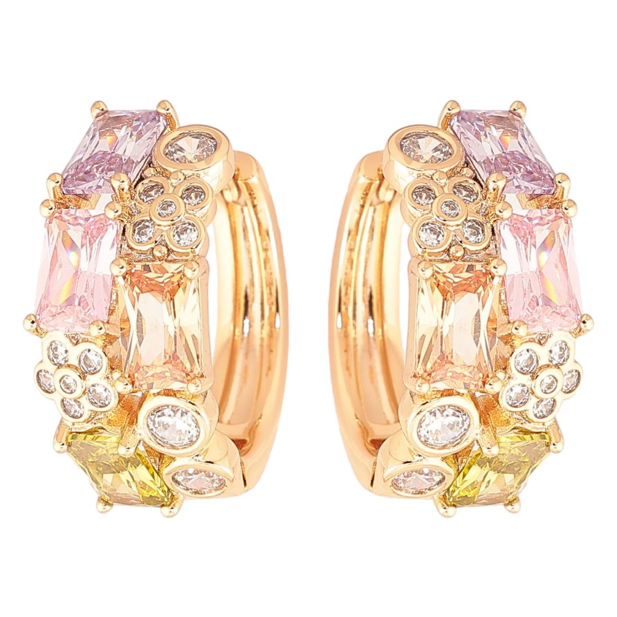 Сережки Xuping Позолота 18K колечка «Візерунок з кольоровими фіанітами та квіточками» фото №1