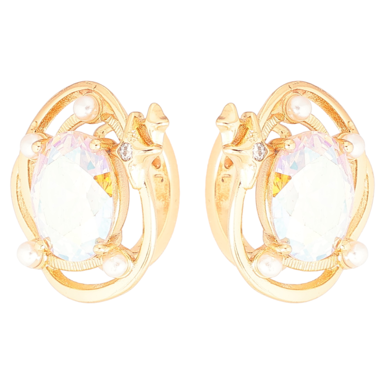 Серьги Xuping Позолота 18K колечки Узор с радужными фианитами и жемчужинками фото №1