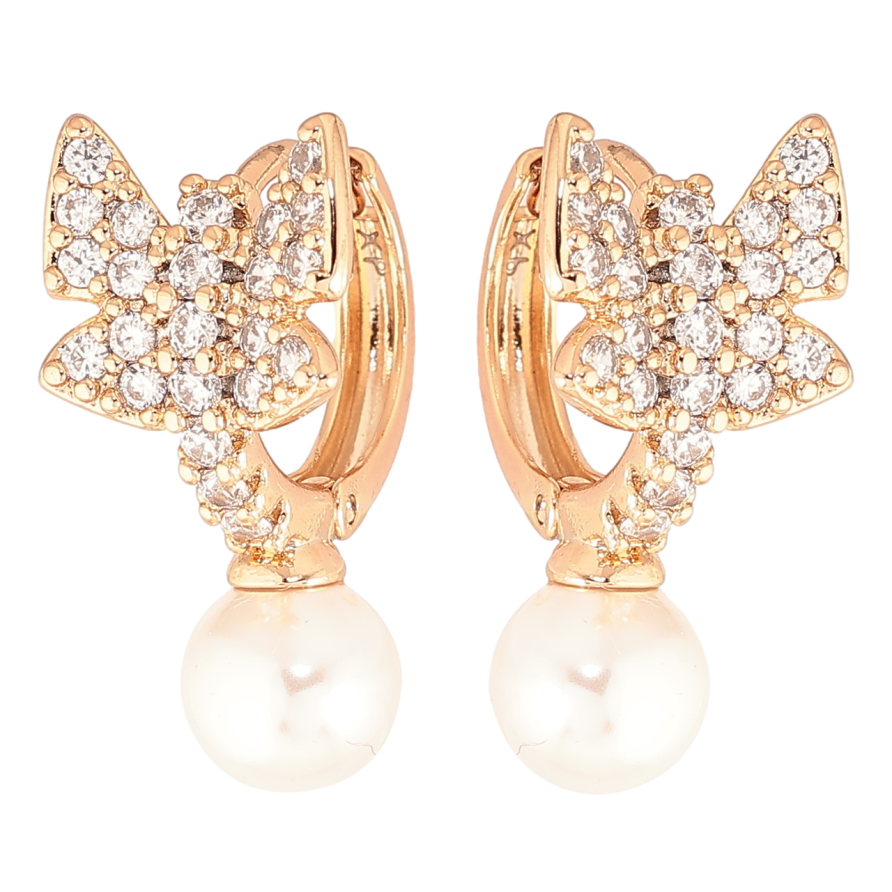 Серьги Xuping Позолота 18K колечки Бабочки с инкрустацией цирконием и жемчужинами фото №1